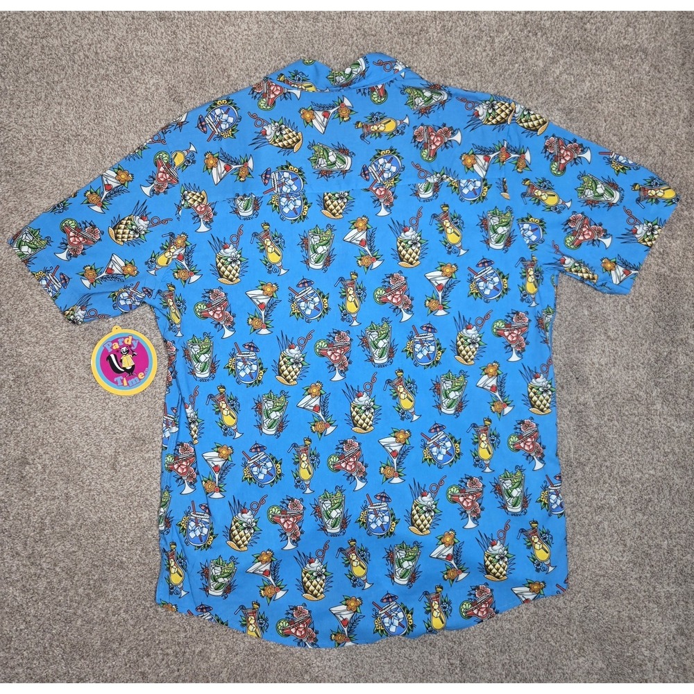 Pardy Time Sundy Funday Tropical Graphic Button-Up Shirt Blue Short Sleeve M - Picture 7 of 7